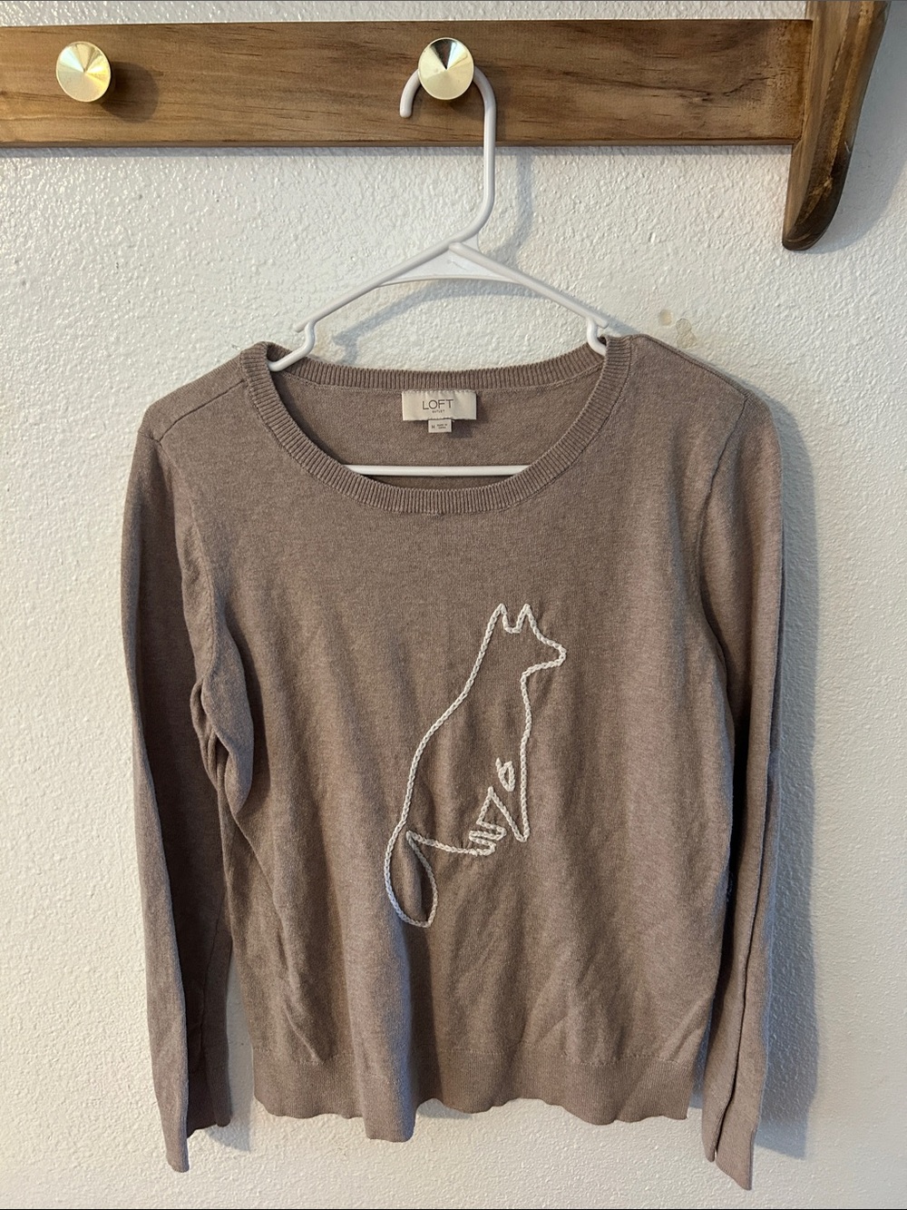 LOFT Taupe Crewneck Sweater with Stitched Fox Outline